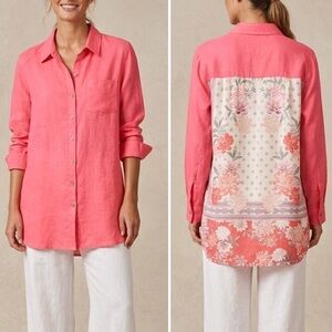 Karyn Seo Handmade Linen Floral Print Button Down Shirt Sz L Coral Boho Relaxed